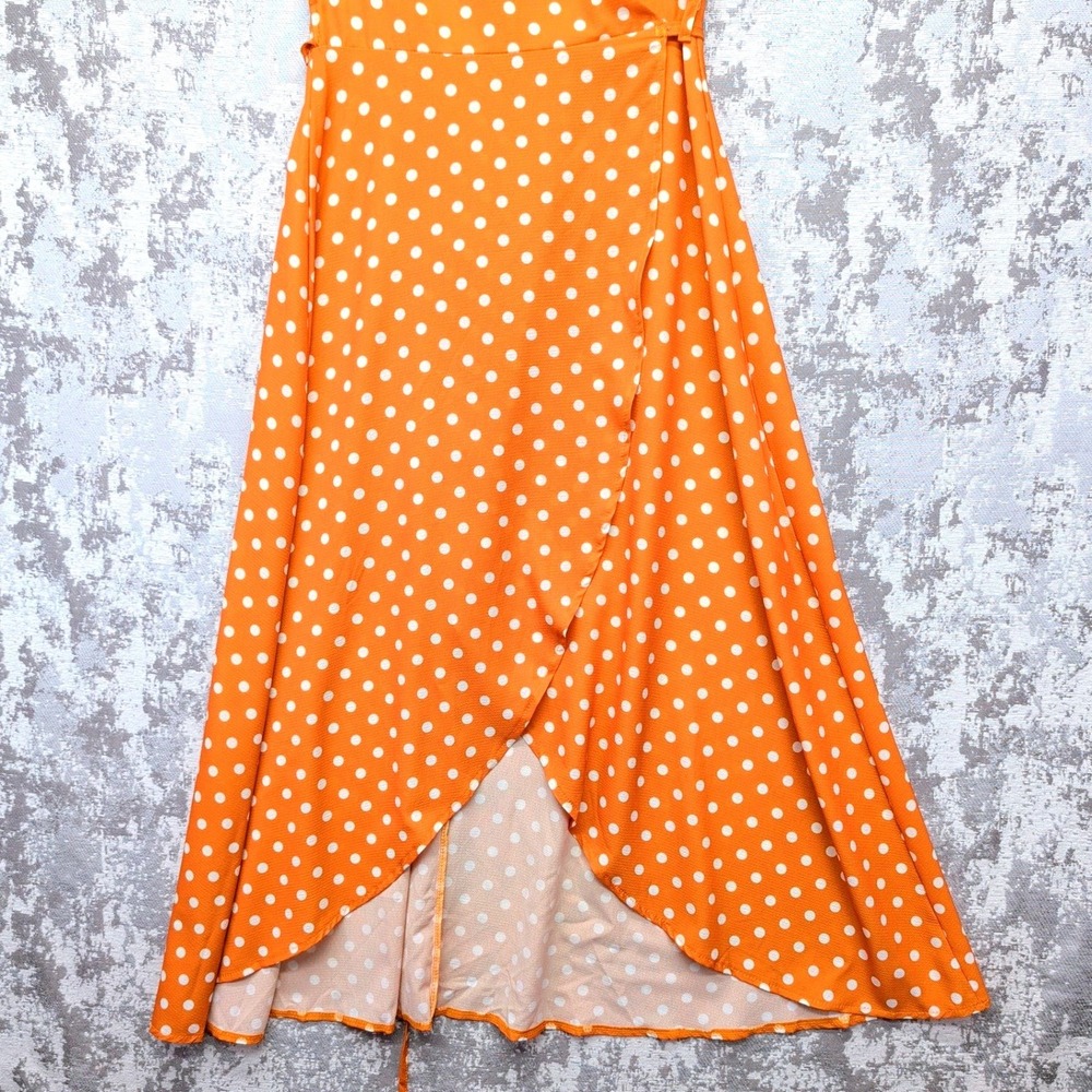 LIVAGIRL Orange Polka Dot High-Low Wrap Dress Small V-Neck Short Sleeve New - Picture 2 of 15